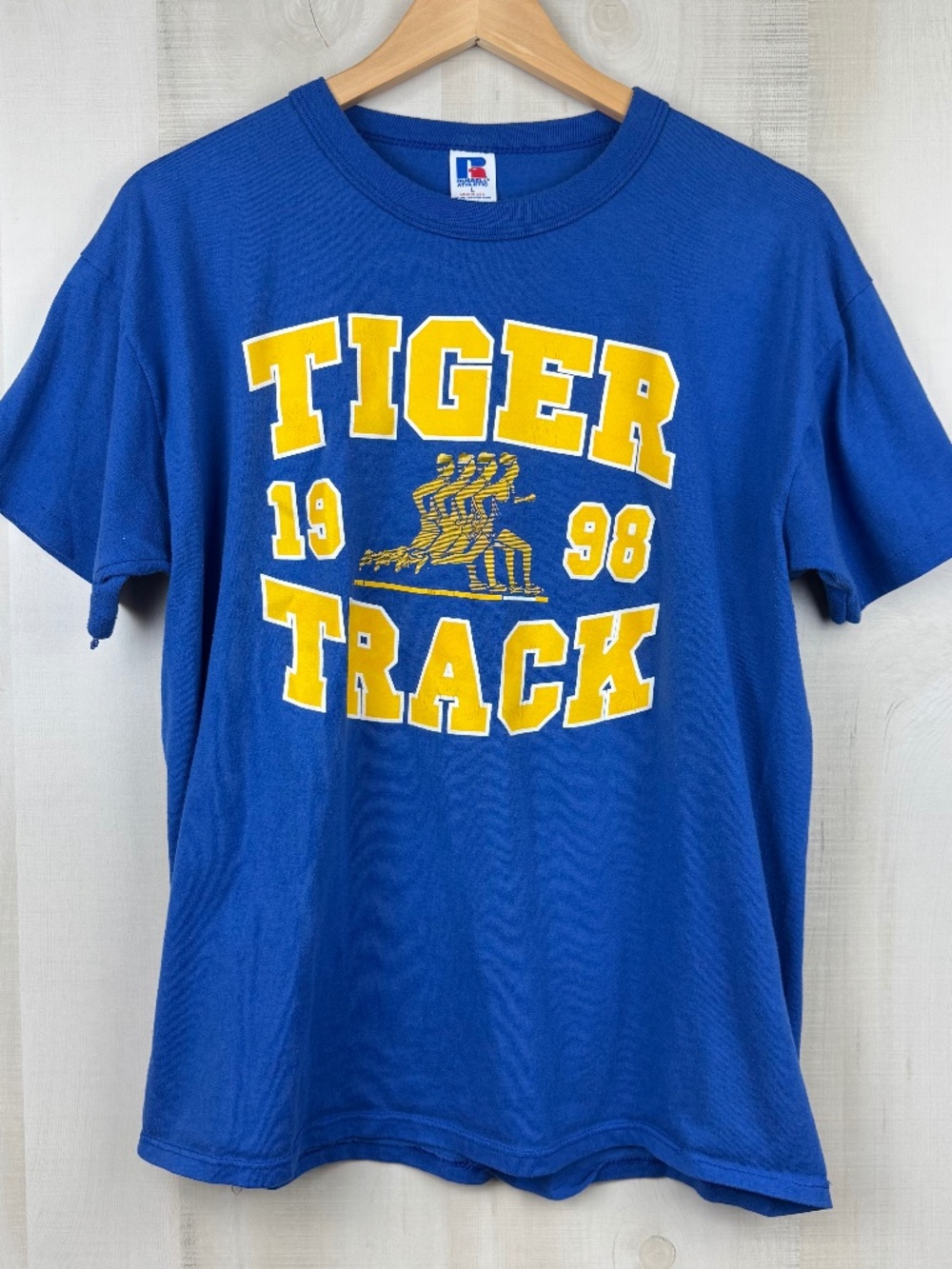 VTG 1990s Russell Athletic Tiger Track 1998 Blue Yellow T-Shirt Single Stitch L